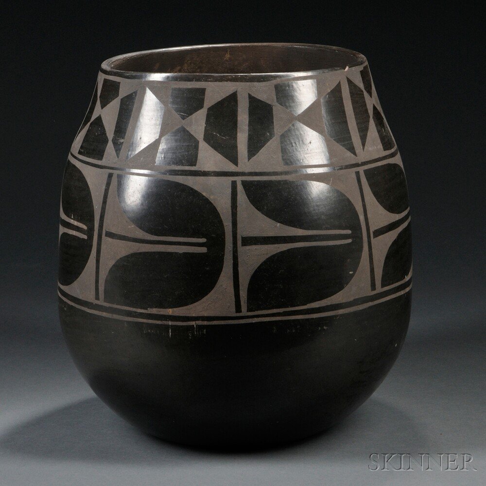 Appraisal: Large Santo Domingo Black-on-black Pottery Jar signed Vidal Aguilar large