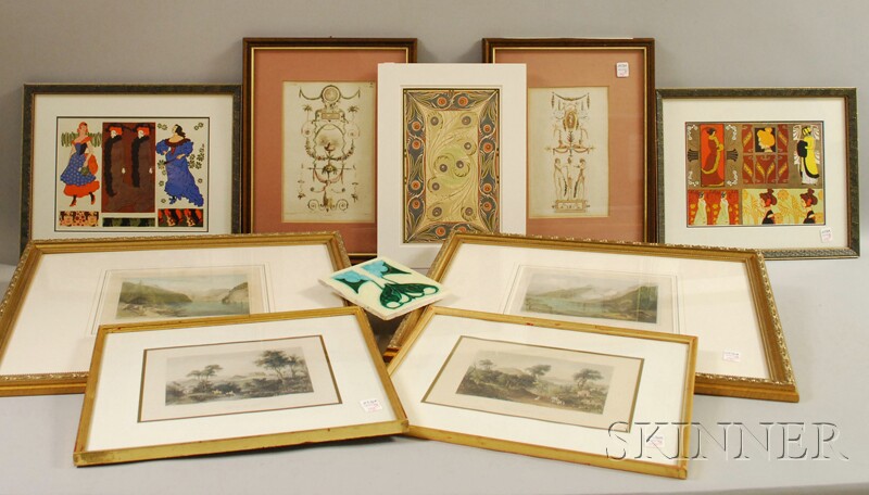 Appraisal: Nine Decorative Prints and an English Art Nouveau Pottery Tile