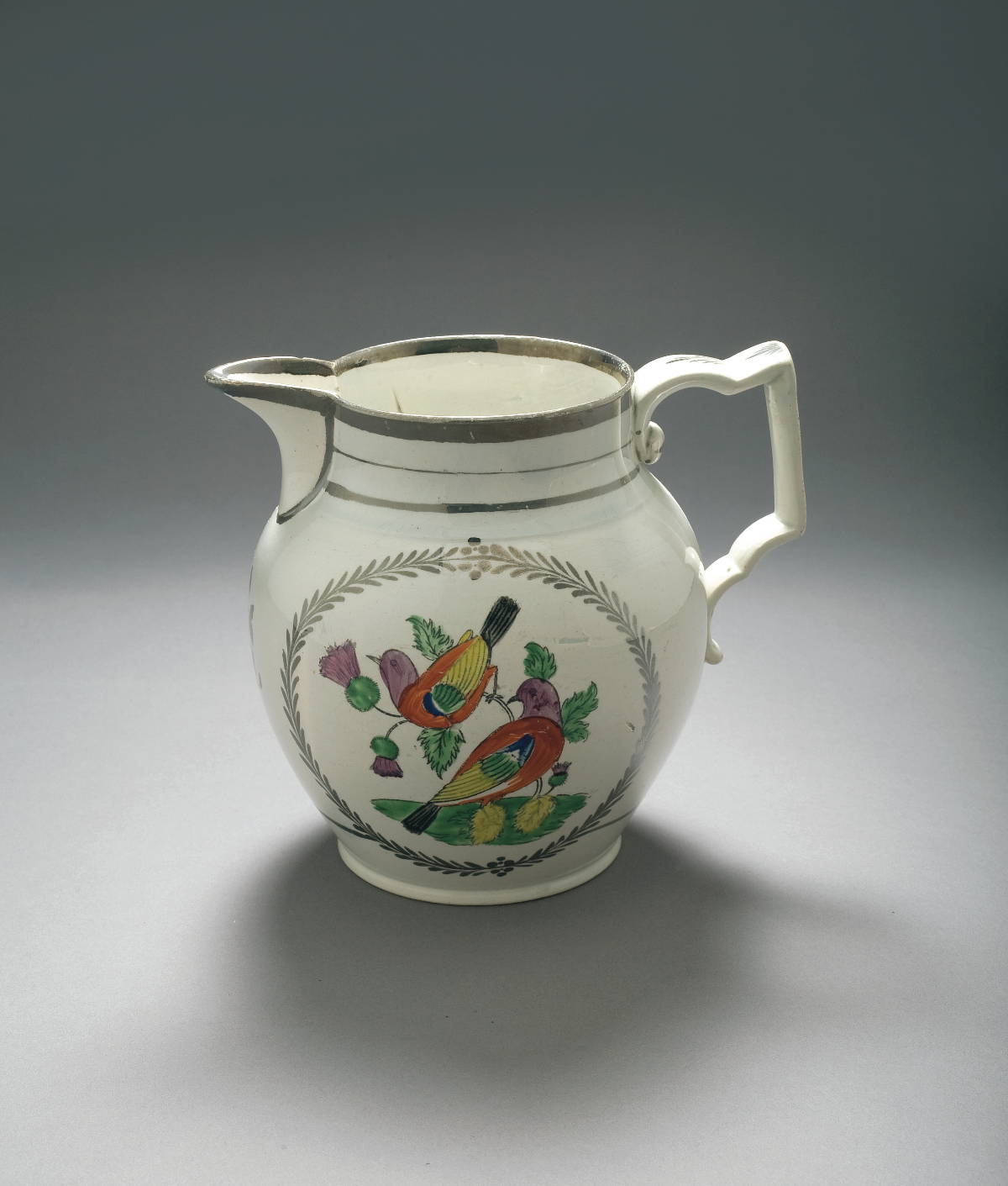 Appraisal: STAFFORDSHIRE SILVER LUSTRE ENAMEL-DECORATED AND TRANSFER-PRINTED JUG CIRCA - Printed