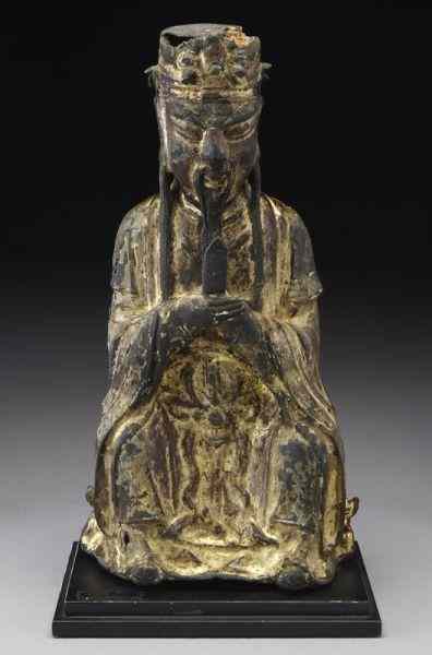 Appraisal: Chinese Ming gold lacquered bronze figuredepicting Wen Chang Di Jun