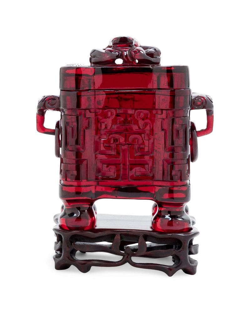 Appraisal: A Transparent Ruby-Red Plastic Imitating Glass Archaistic Incense Burner and