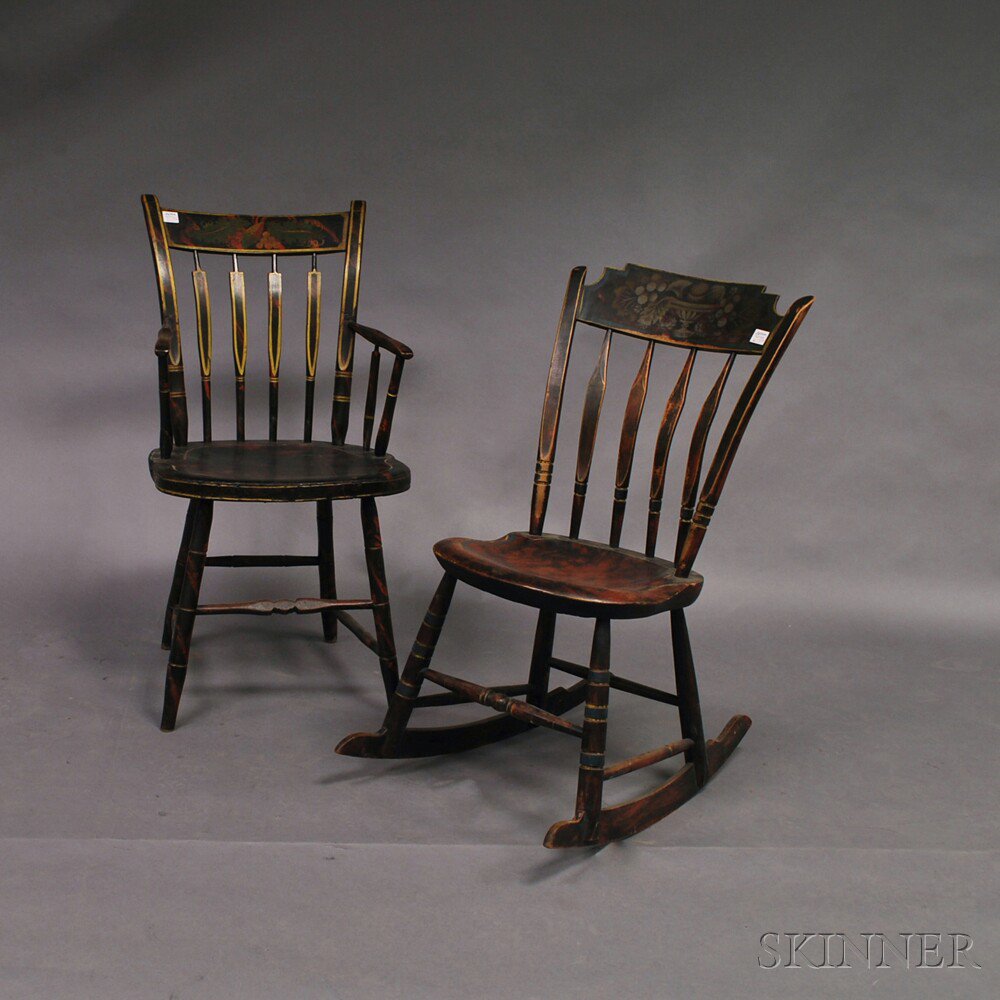 Appraisal: Two Stencil-decorated Thumb-back Windsor Chairs America th century an armchair