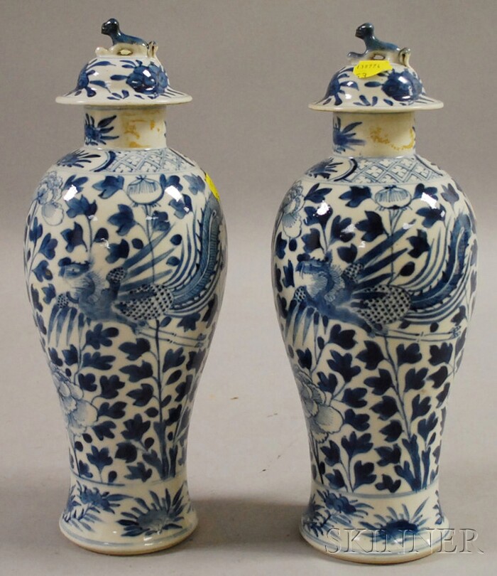 Appraisal: Pair of Blue and White Covered Vases China each decorated