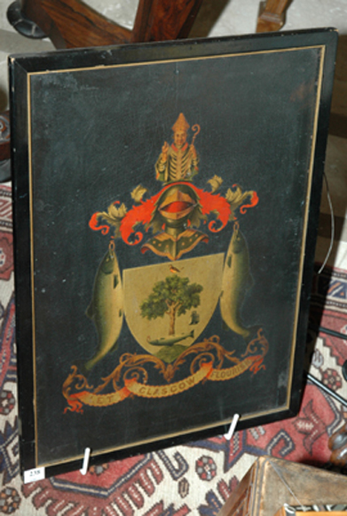 Appraisal: A BLACK LACQUERED ARMORIAL PANEL Depicting the arms of Glasgow