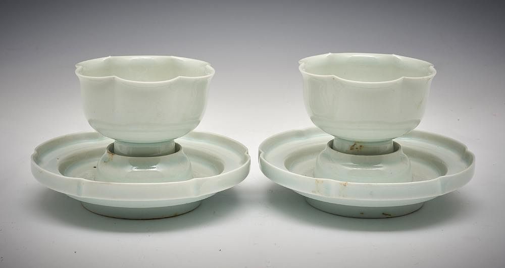 Appraisal: Pair Qingbai Lobed Cupstands Cups Pair Qingbai Lobed Cupstands Cups