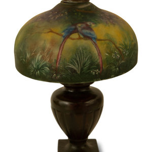 Appraisal: A Handel Patinated Metal Table Lamp With Reverse-Painted Glass Shade