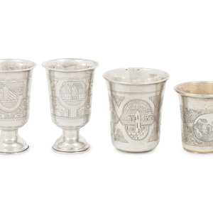 Appraisal: Four Russian Silver Beakers th Century each engraved to depict