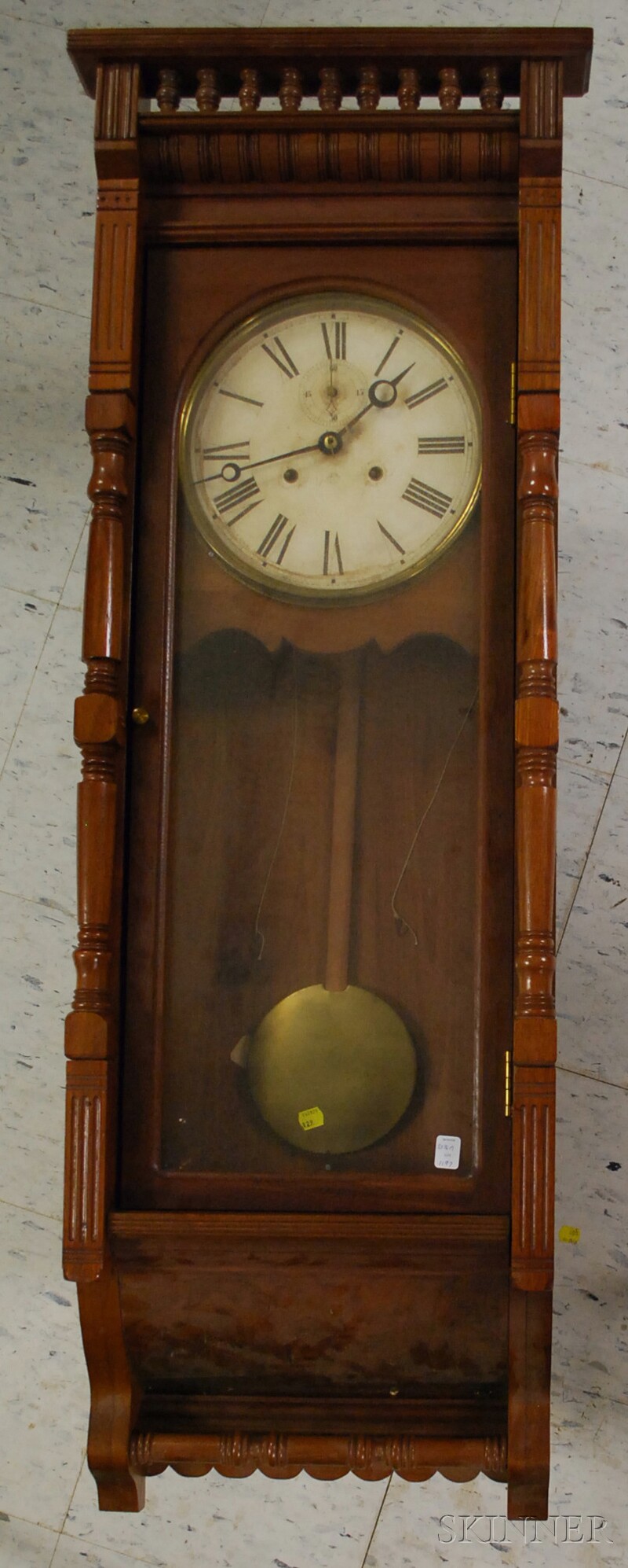 Appraisal: Ansonia Wall Clock with two weights burl walnut case Roman