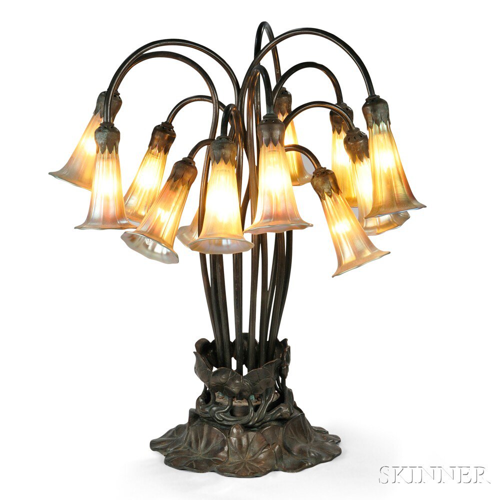 Appraisal: Tiffany-style Water Lily Lamp Bronze art glass Probably United States