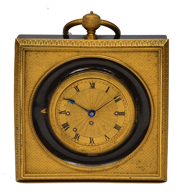 Appraisal: A FRENCH ORMOLU STRUT CLOCK in a square ebonised case