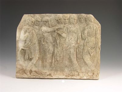 Appraisal: An early th century relief carved marble panel depicting Socrates