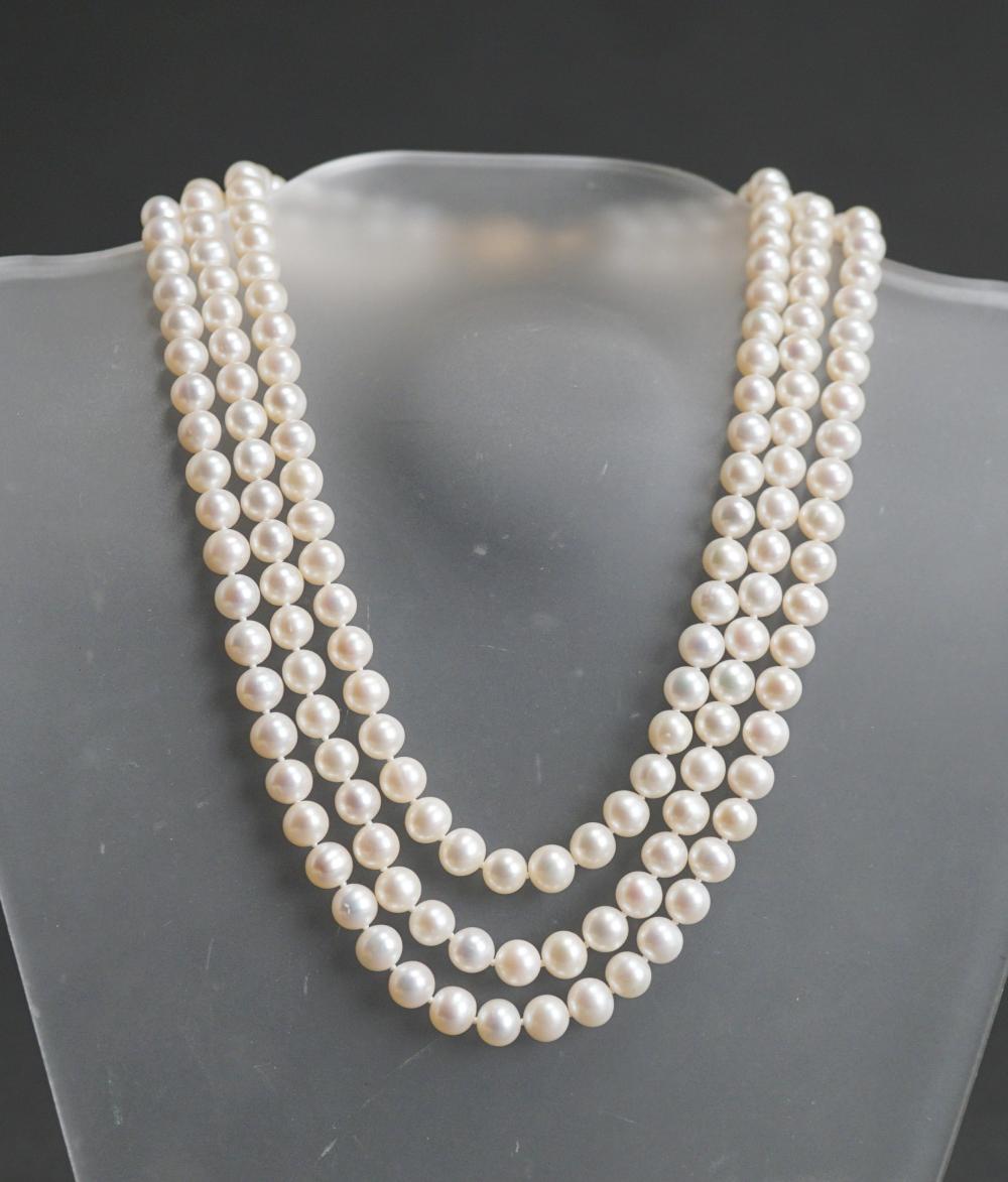 Appraisal: -KARAT YELLOW-GOLD AND FRESHWATER PEARL TRIPLE STRAND NECKLACE L IN