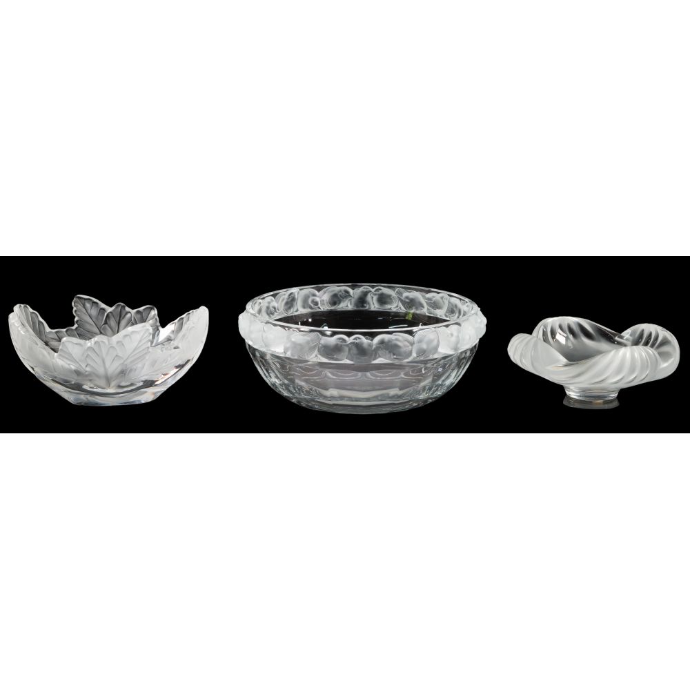 Appraisal: LALIQUE CRYSTAL BOWLS AND ASHTRAY items including a Mesanges bowl