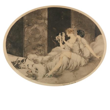 Appraisal: Louis Icart - PUPPIES HOLLAND CATANIA ISEN Hand-colored color drypoint