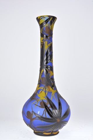 Appraisal: Spectacular Spiders Cameo Glass Vase Purple Yellow Colbalt Chinese pipe