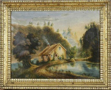 Appraisal: American School th C Landscape with House and Figures Oil