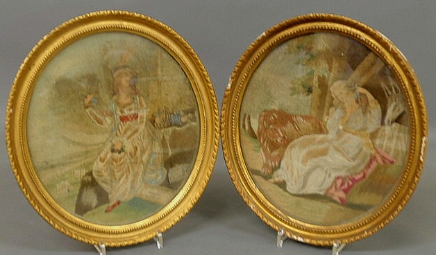 Appraisal: Pair of English oval silkworks th c of seated ladies