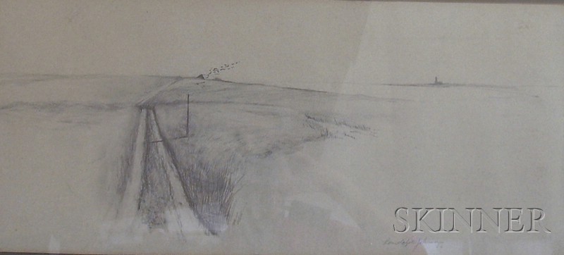 Appraisal: Framed Graphite on Paper board Landscape of a Path Through