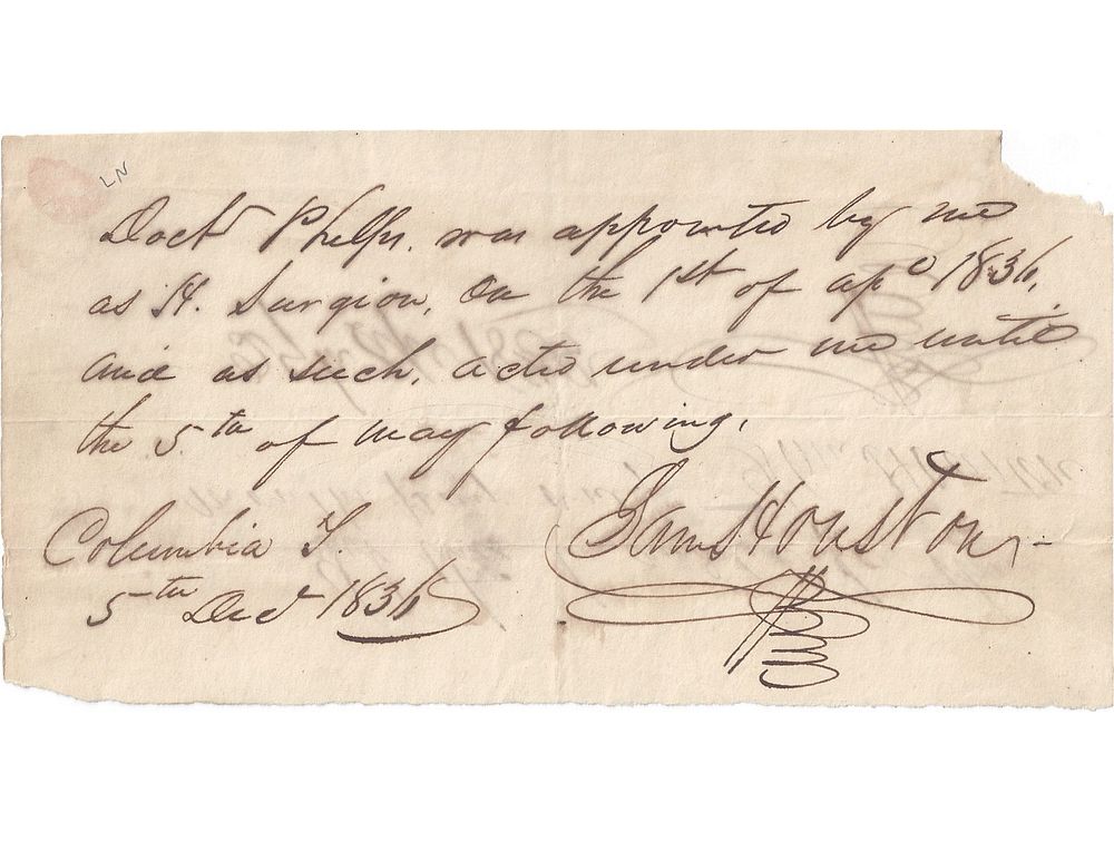 Appraisal: A REPUBLIC OF TEXAS MANUSCRIPT SAM HOUSTON SIGNED APPOINTMENT OF