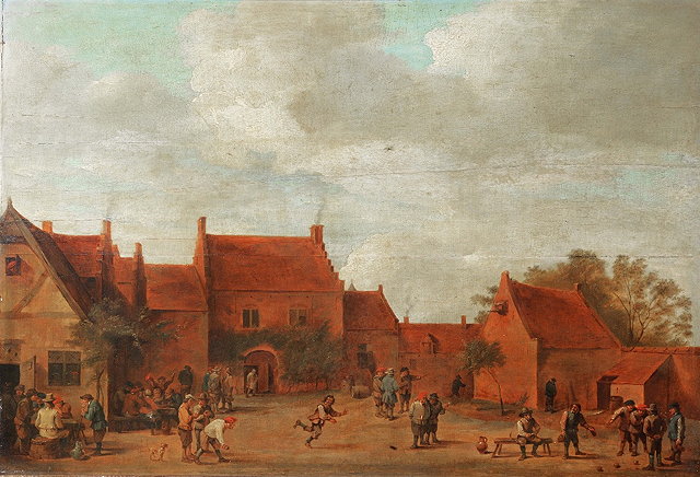 Appraisal: FOLLOWER OF DAVID TENIERSA Dutch forecourt with peasants merry making