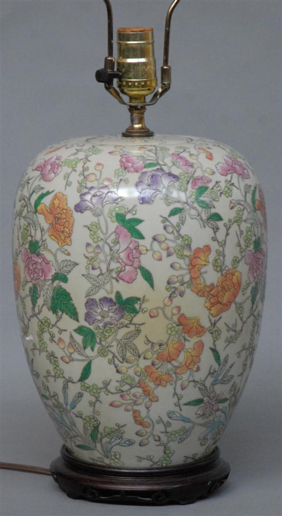 Appraisal: CHINESE COVERED JAR Mounted as a lamp on a rosewood