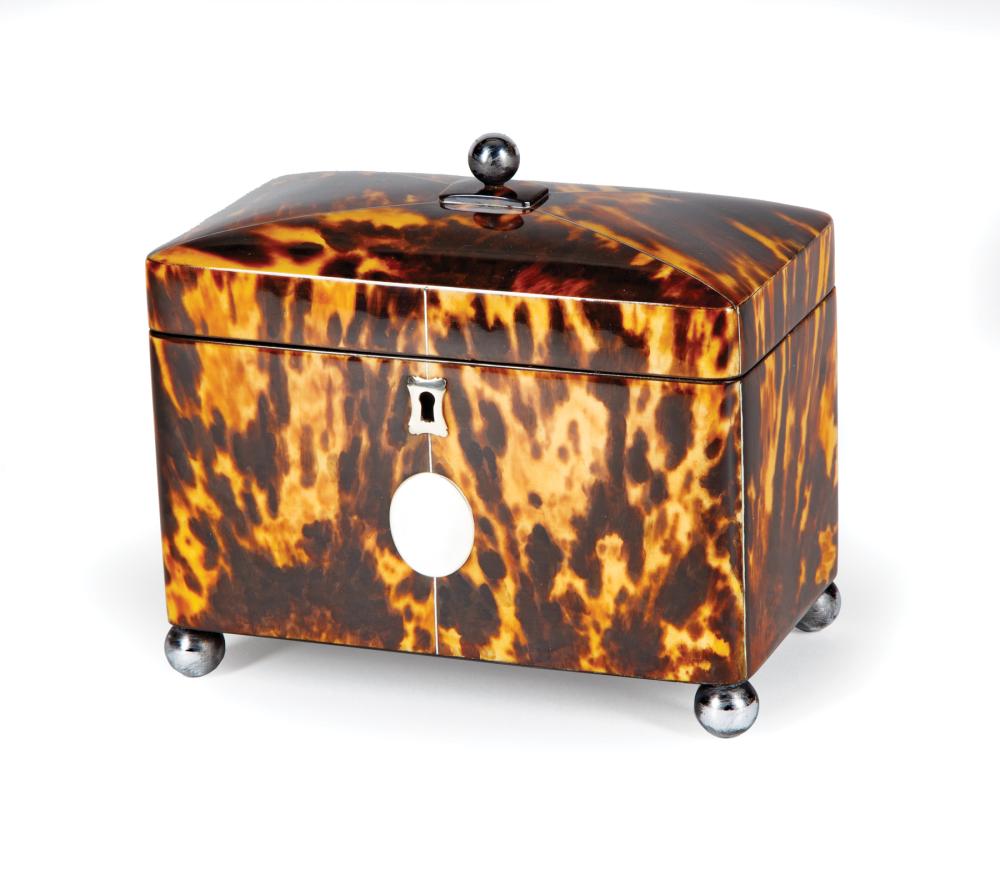 Appraisal: George III Tortoiseshell Tea Caddy th c domed lid interior