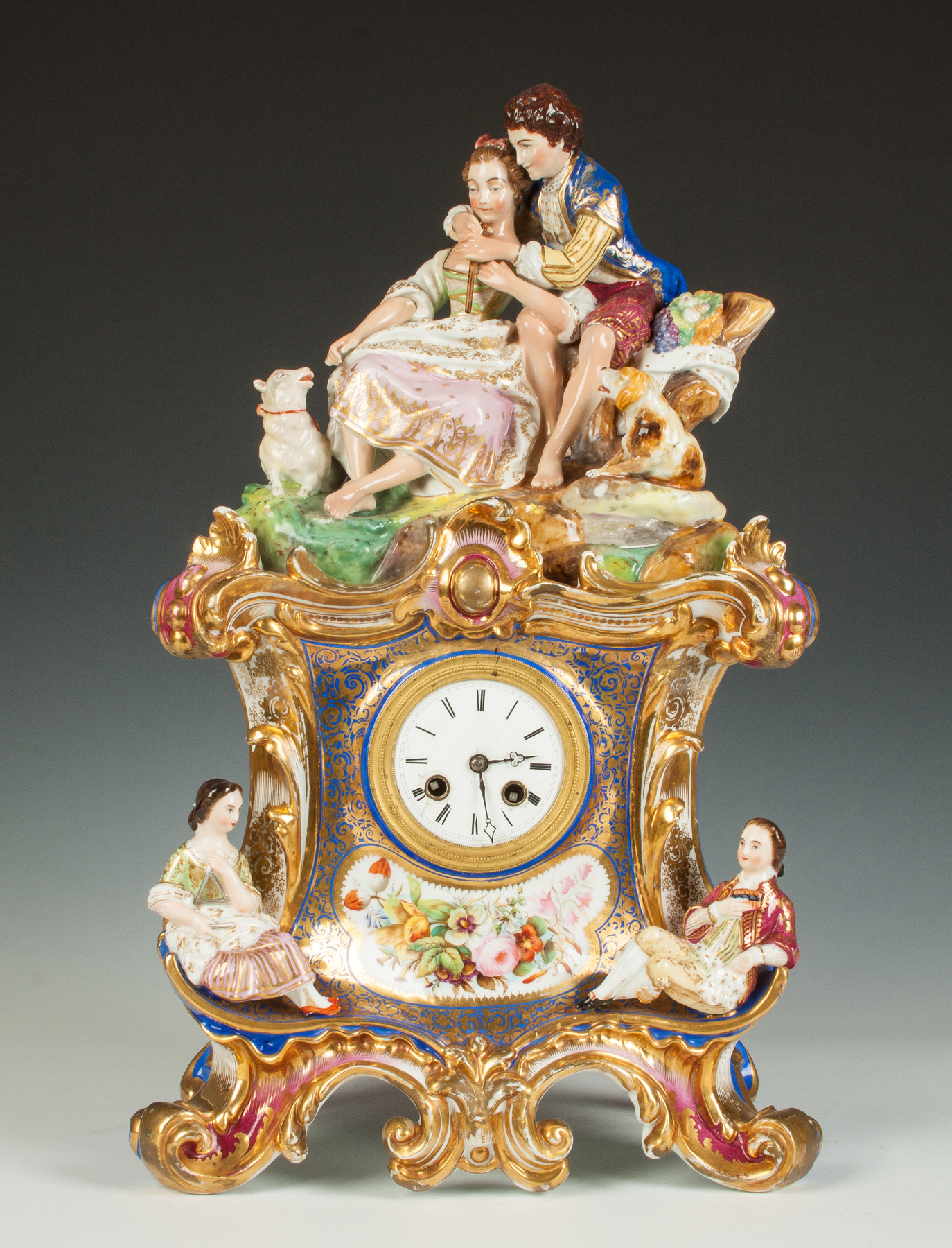 Appraisal: Two-Piece French Hand Painted Porcelain Clock th cent Gilt decorated