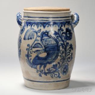 Appraisal: Four-gallon Cobalt-decorated Stoneware Crock Germany th th century rolled rim