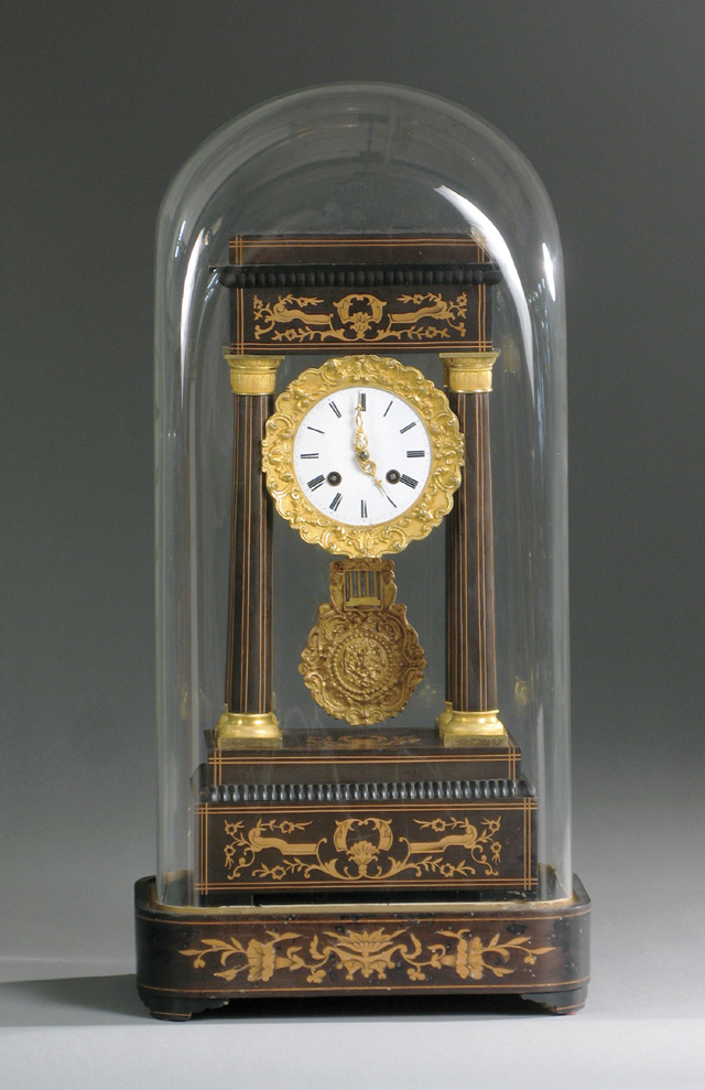 Appraisal: FRENCH EMPIRE PORTICO CLOCK UNDER GLASS DOME Japy Freres movement