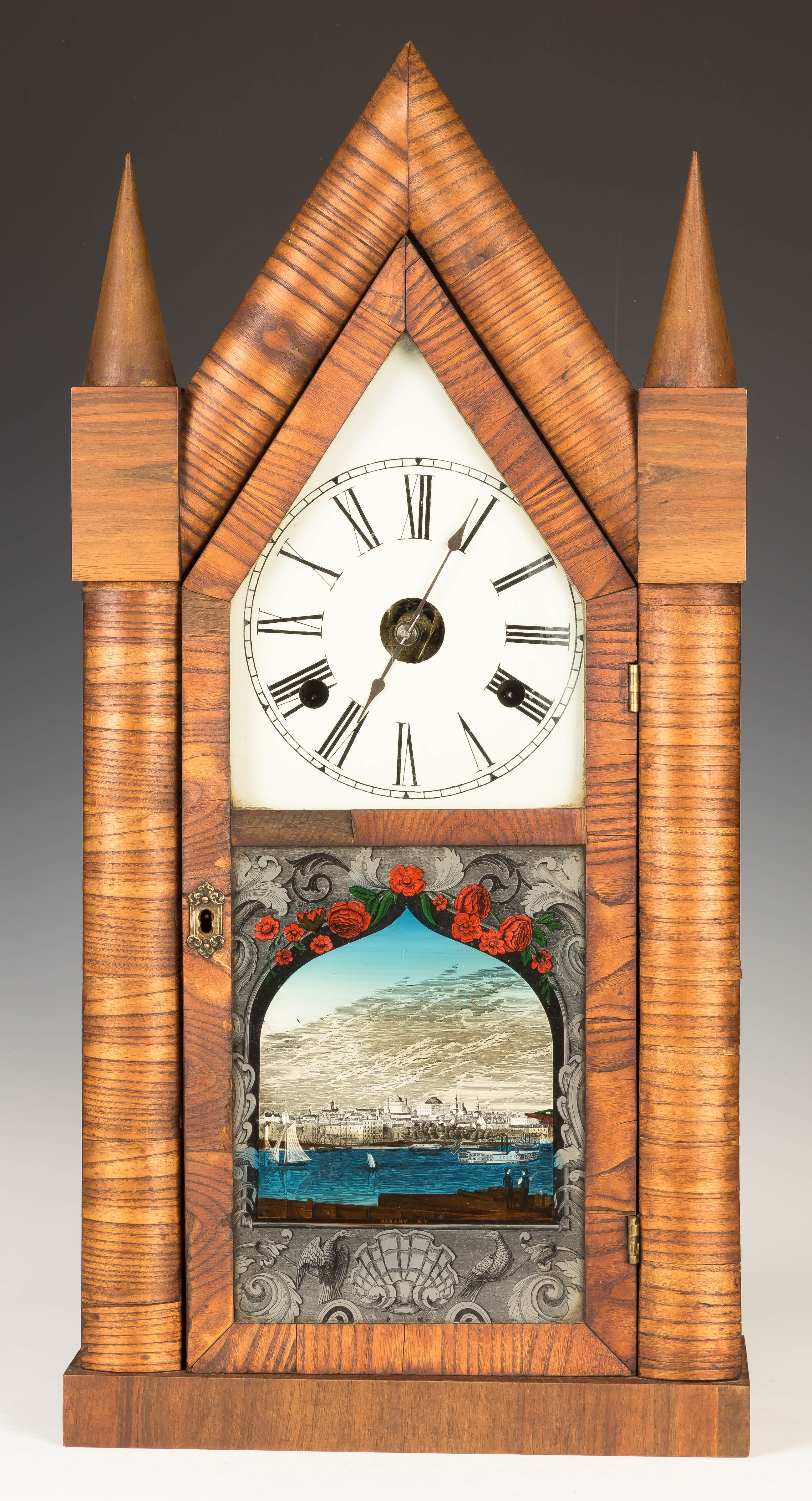 Appraisal: Chauncey Jerome Oversized Steeple Shelf Clock Exotic veneered wood case