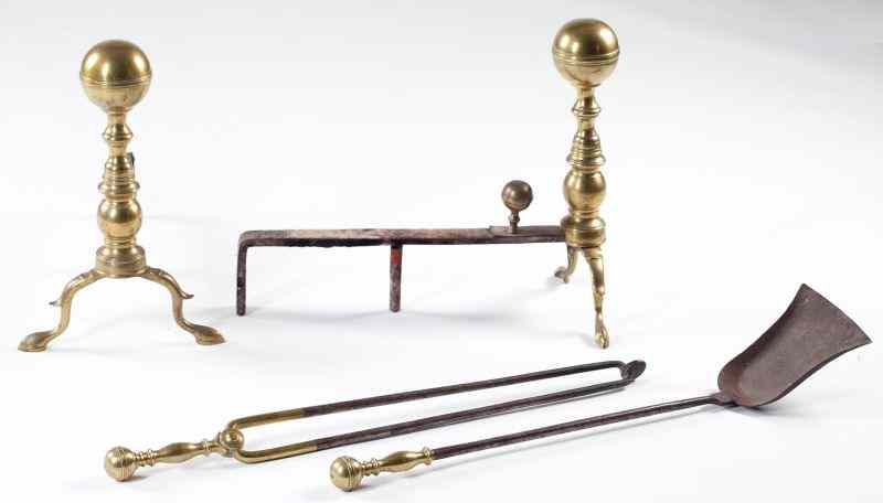 Appraisal: American Brass Fireplace Setearly th century to include ball-top andirons