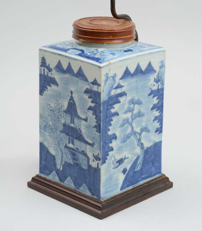 Appraisal: CANTON BLUE AND WHITE PORCELAIN TEA JAR WITH WOOD COVER