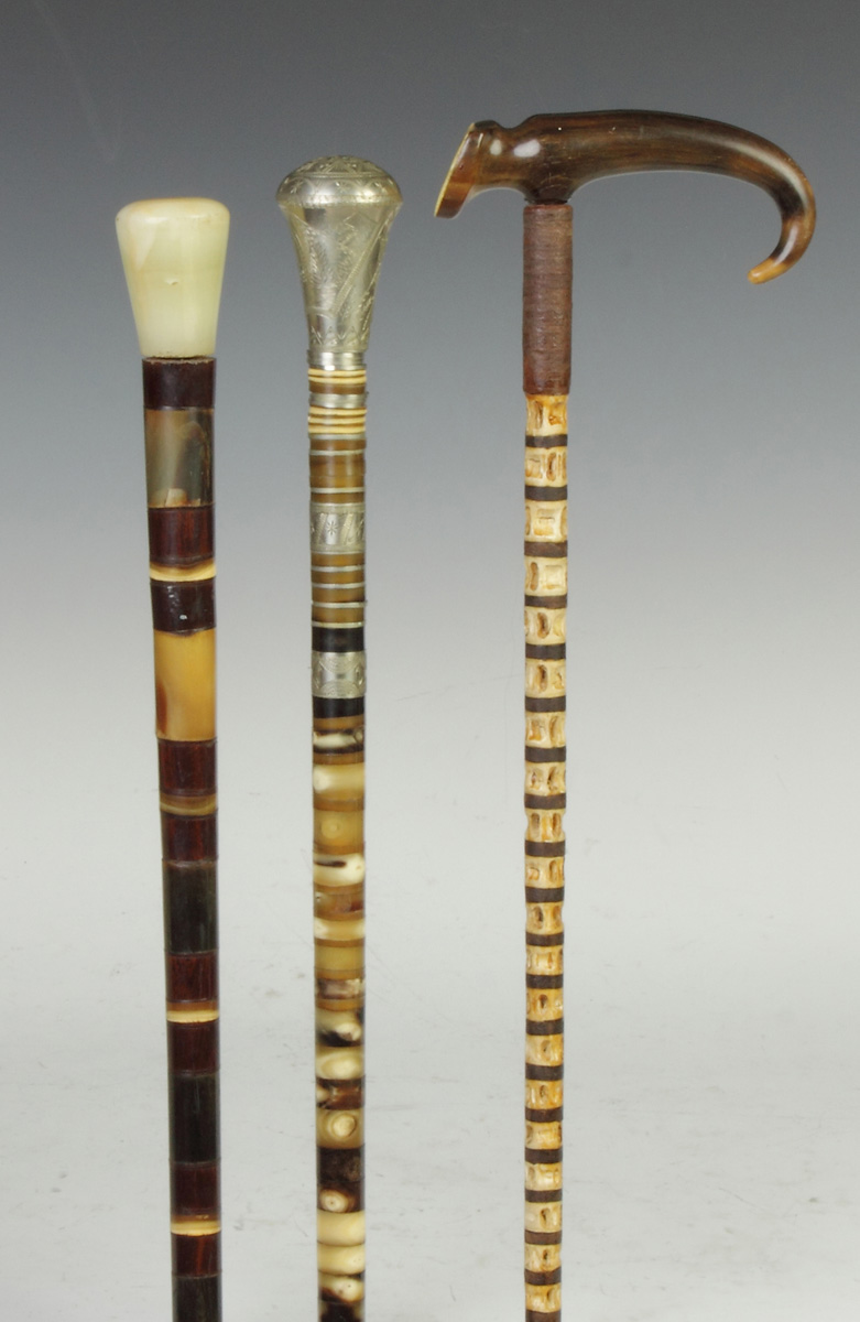 Appraisal: Two Horn Canes Left Onyx handle Center Silver plate engraved