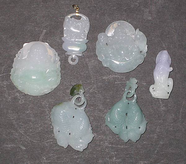 Appraisal: A group of six jadeite pendants The mixed green and