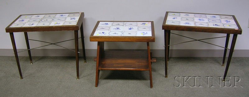 Appraisal: Three Delft Tile-top Wooden Stands including a pair with fifteen