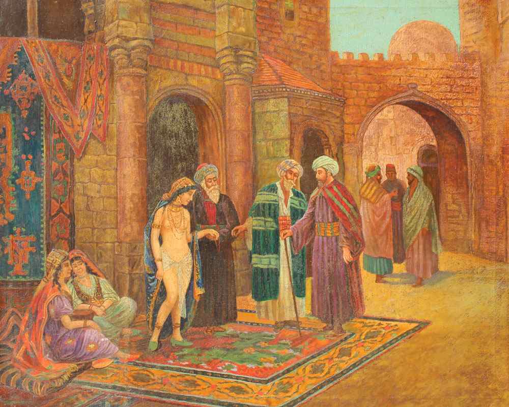 Appraisal: ORIENTALIST THEMED OIL ON CANVAS DEPICTING TURBAN-HEADED MEN BARTERING OVER