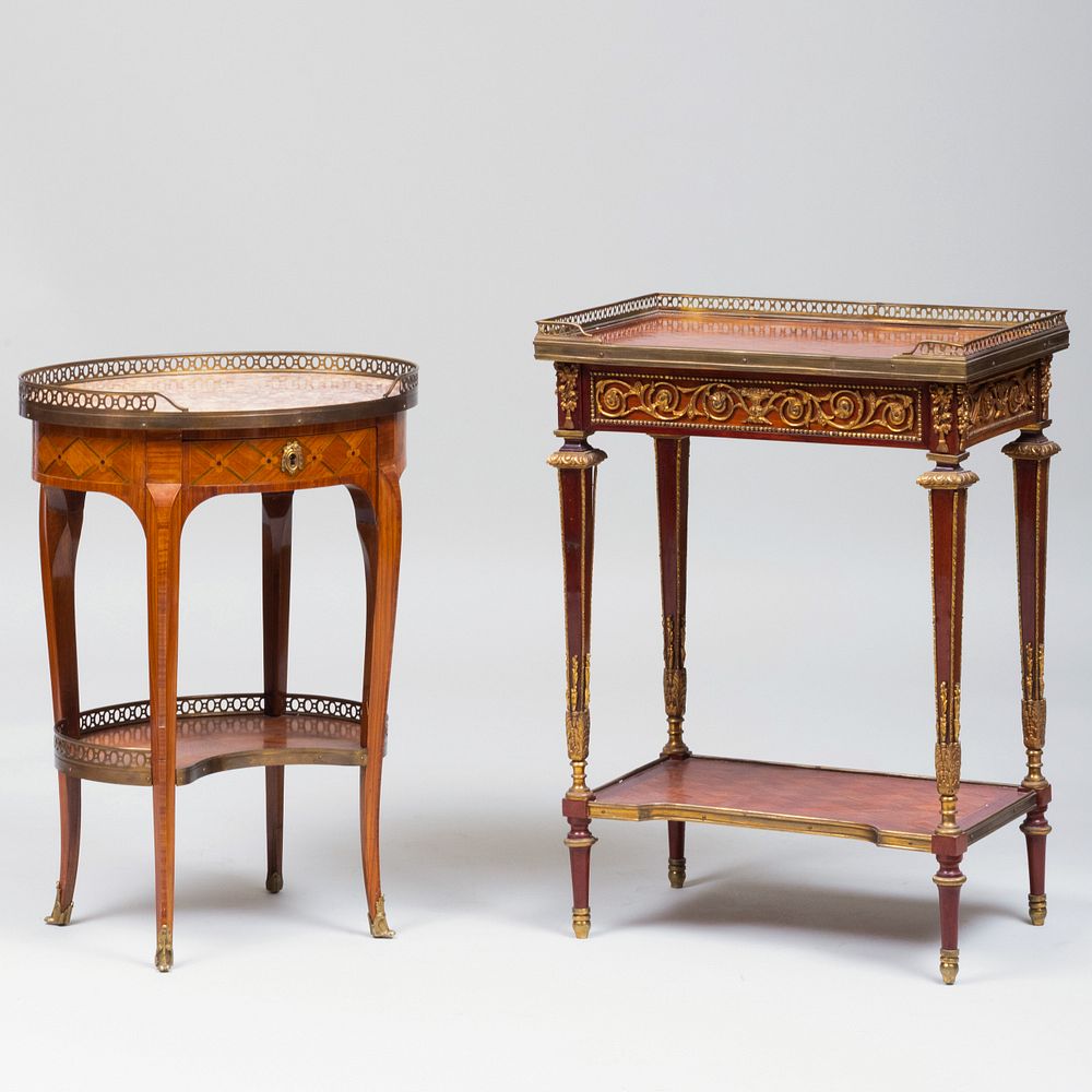 Appraisal: Louis XVI Style Ormolu-Mounted Mahogany and Tulipwood Parquetry Table crire