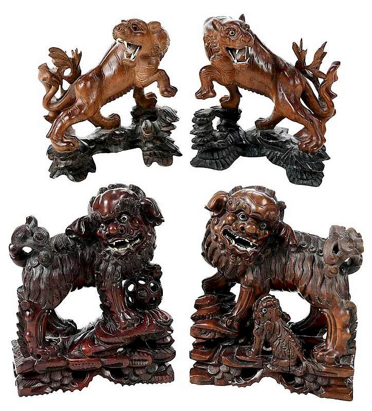 Appraisal: Two Pair Carved Wood Animals Chinese late th th century