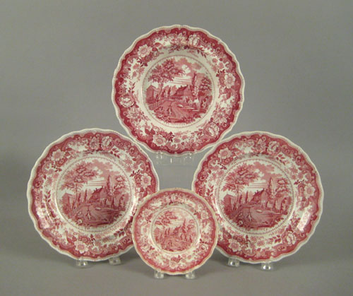 Appraisal: Three red Staffordshire plates and a shallow bowl depicting The