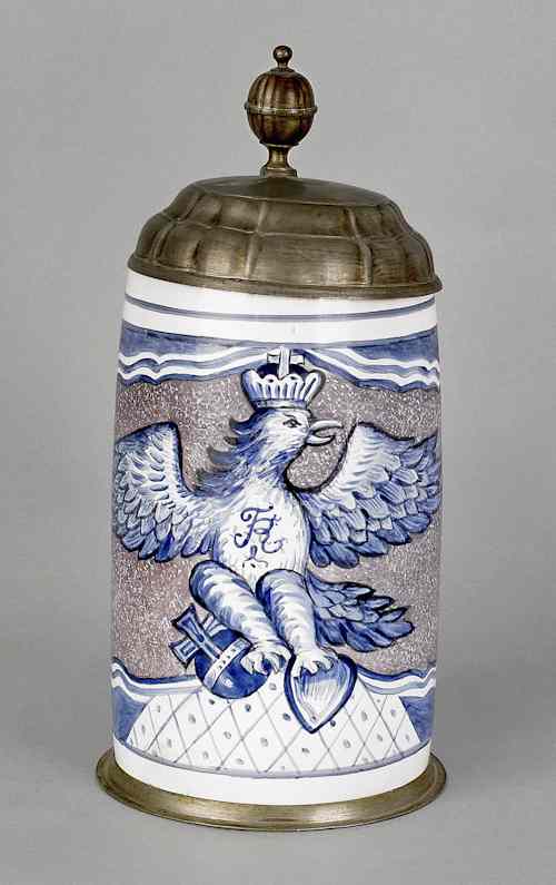 Appraisal: German faience tankard th c with pewter lid h