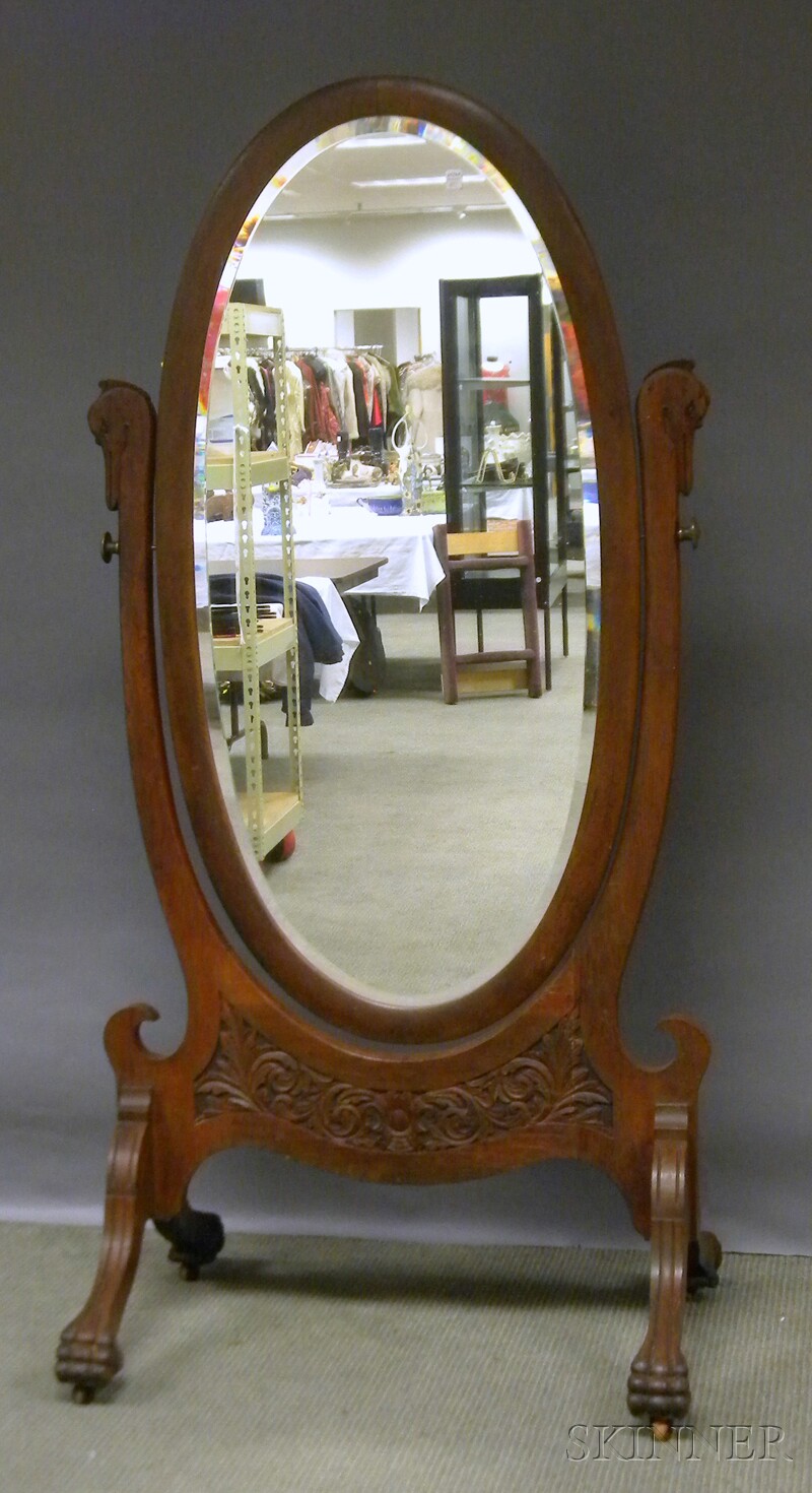 Appraisal: Late Victorian Carved Oak Cheval Mirror with beveled glass swan-form