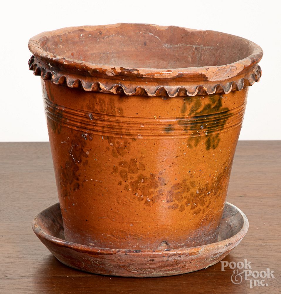 Appraisal: Large Pennsylvania redware flowerpot and undertray Large Pennsylvania redware flowerpot