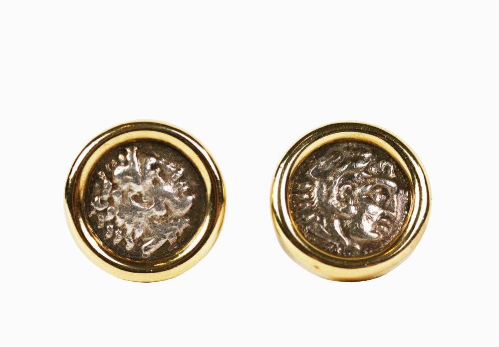 Appraisal: PAIR OF ANCIENT GREEK COIN EARRINGS KT yellow gold mountings