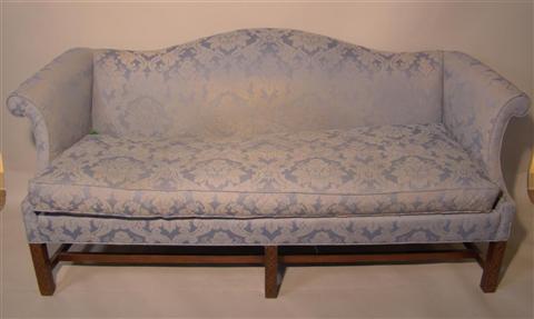 Appraisal: CHIPPENDALE STYLE MAHOGANY SOFA WITH BLUE UPHOLSTERY camel back style