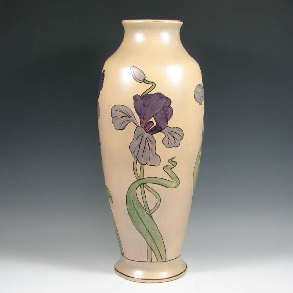 Appraisal: Tall Roseville Pauleo vase with four hand-decorated purple irises on