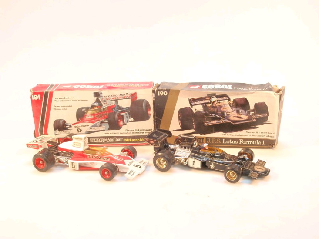 Appraisal: Corgi models and JPS Lotus Formula and McLaren M Formula