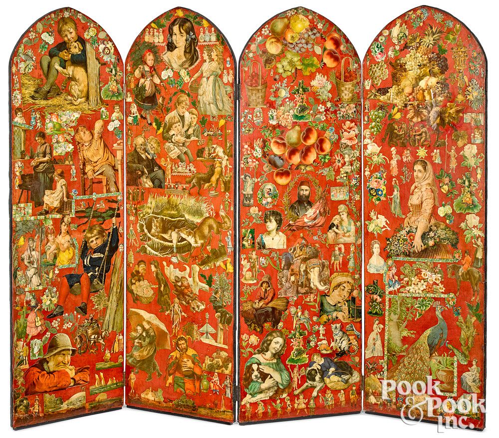 Appraisal: Four-part decoupage folding screen Four-part decoupage folding screen with Victorian