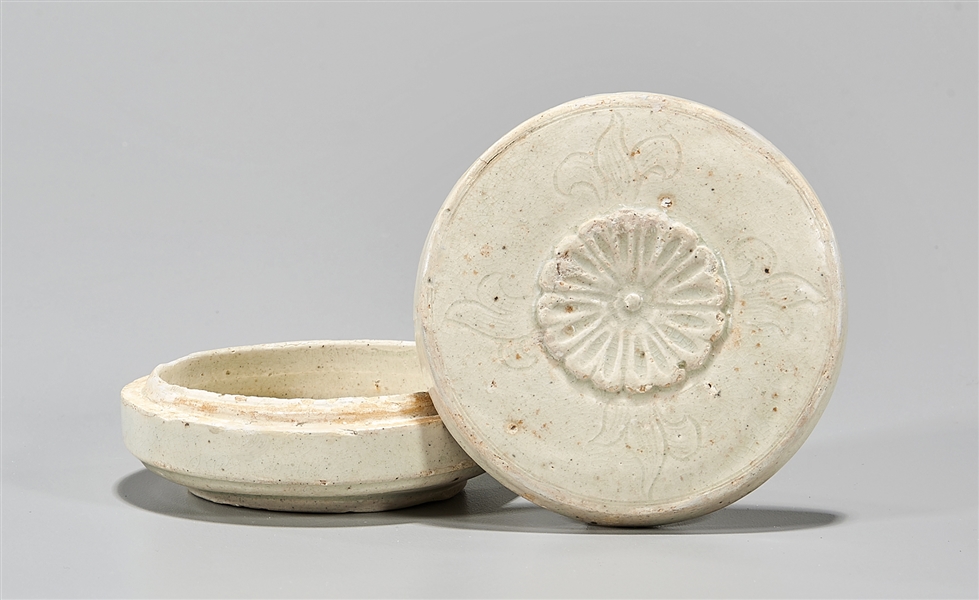 Appraisal: Korean white glazed paste box with incised and molded designs