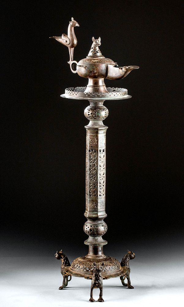 Appraisal: th C Seljuk Bronze Oil Lamp Stand w Lions Near