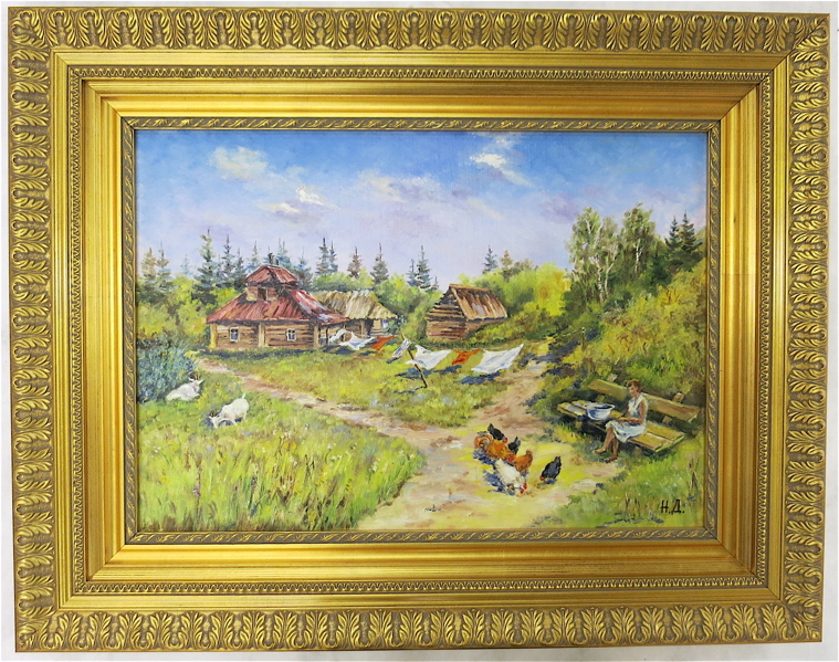 Appraisal: RUSSIAN OIL ON CANVAS cabin scene with woman feeding chickens